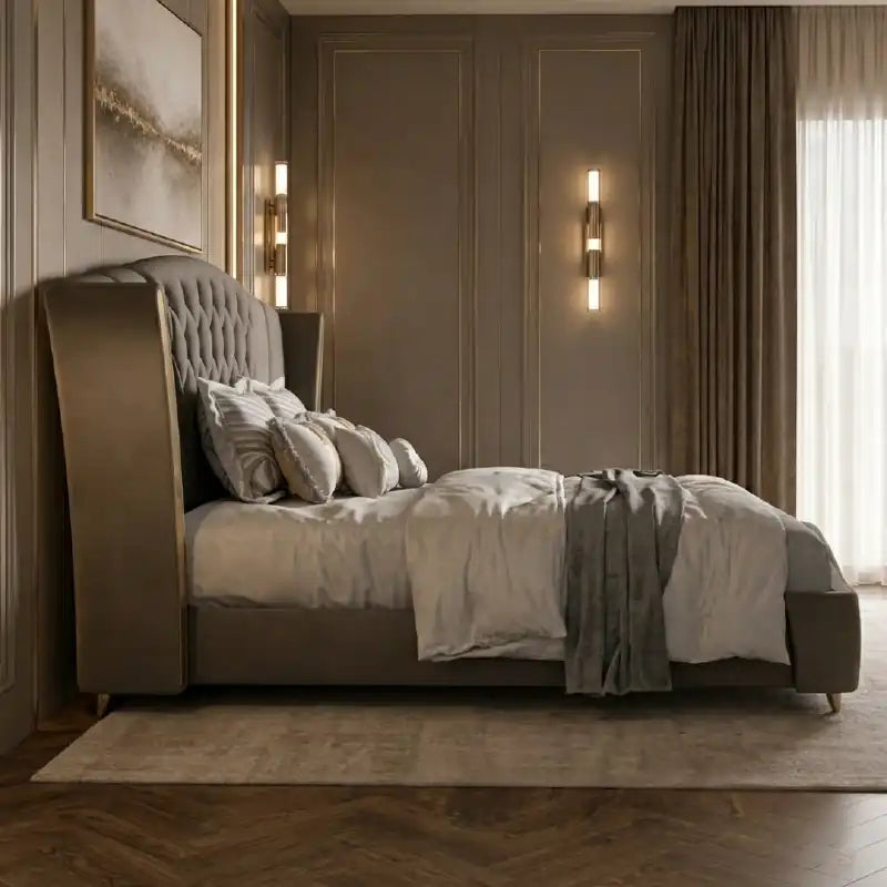 bed with tufted headboard shown with a balanced mattress layout with button-padded headboard alternate front angle