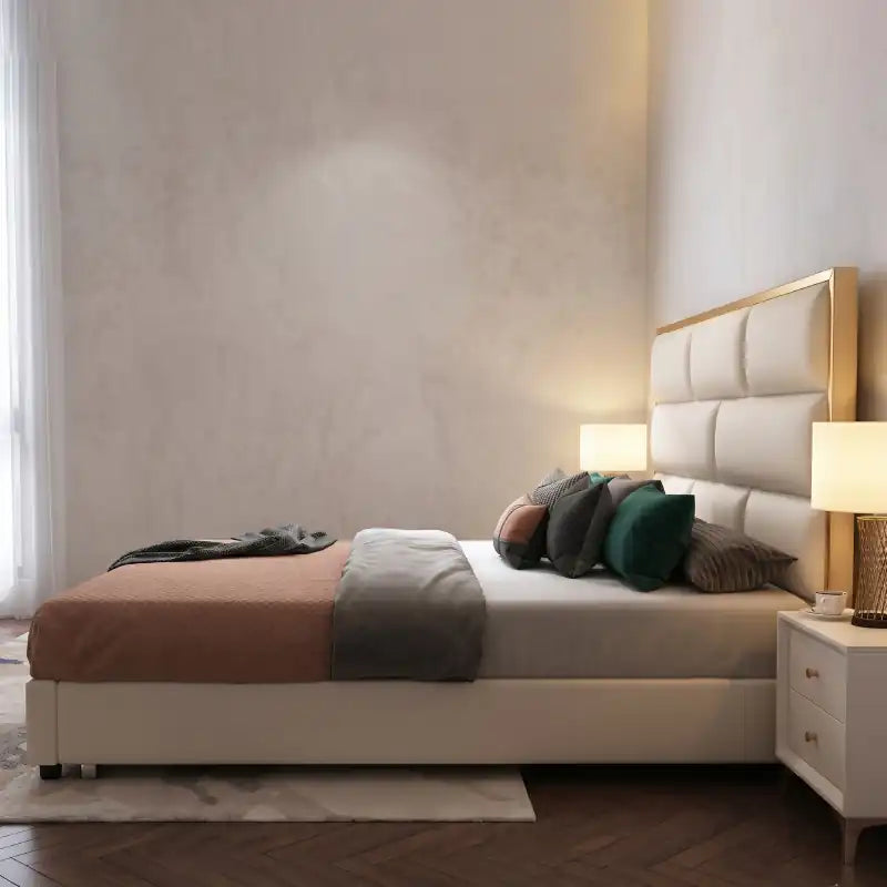 queen size bed frame showing the lift-up storage area with geometric padded headboard alternate front angle