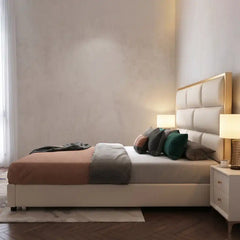 queen size bed frame showing the lift-up storage area with geometric padded headboard alternate front angle