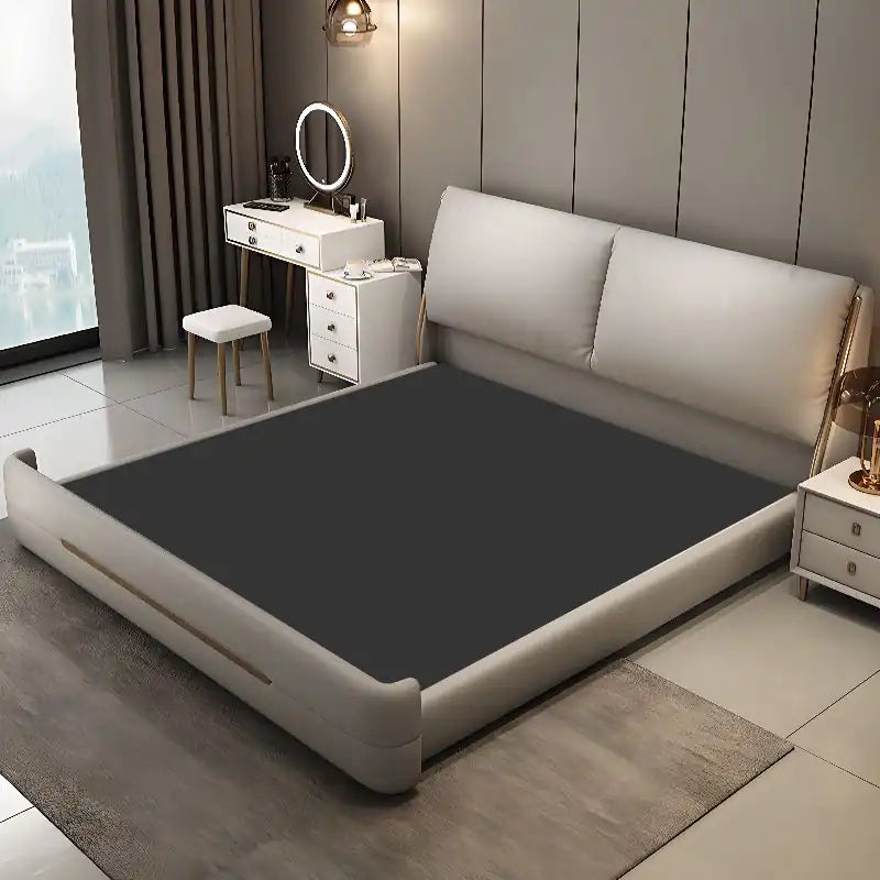 storage bed shown in a compact double-bed layout with thick padded headboard