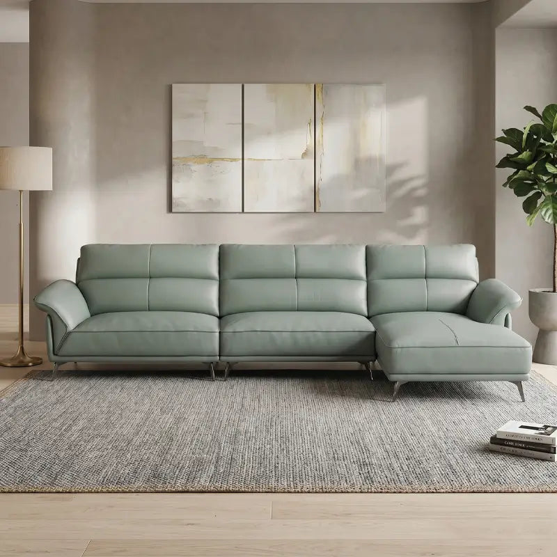 L shape sofa with deep lounge seating and soft back cushions, right-side view