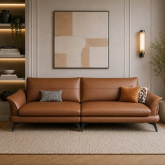 L shape sofa with deep cushions and curved padded arms, right-side view