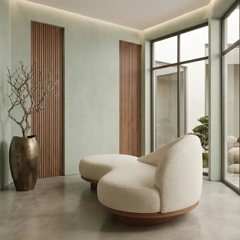 Curved sofa with curved wooden base and asymmetrical backrest, right-side view