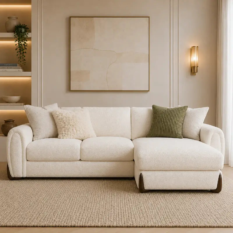 L shape sofa with curved arms and wooden accent details, right-side view
