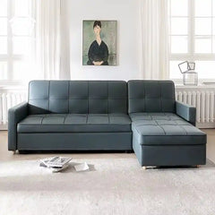 sofa bed with storage shown in the pull-out sleeping position with side pockets