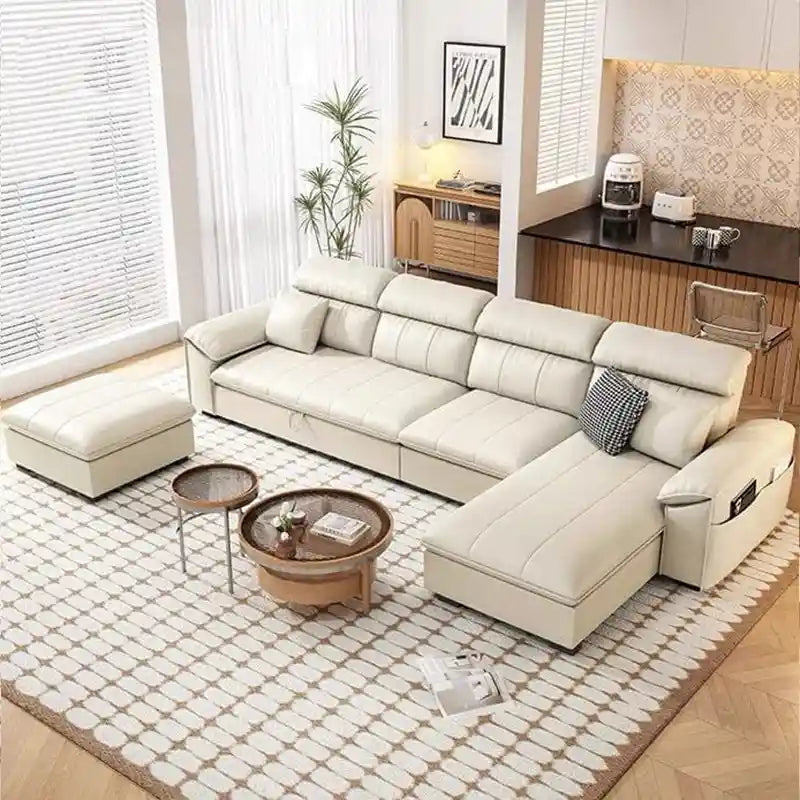 sofa bed storage shown in the pull-out sleeping position with hidden storage alternate front angle