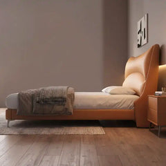 leatherette bed shown in a compact double-bed layout with wide padded headboard