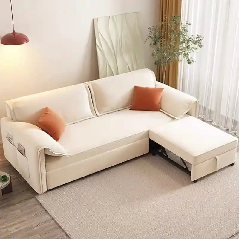 sofa to bed shown in the pull-out sleeping position with side pockets