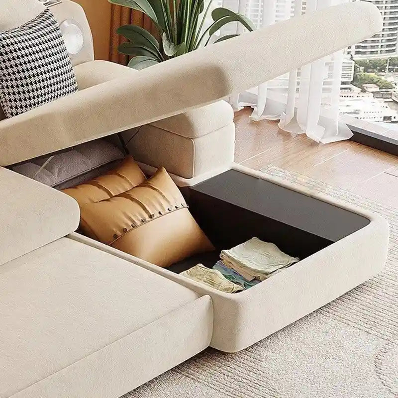 l shape sofa bed showing the built-in storage compartment with USB charging