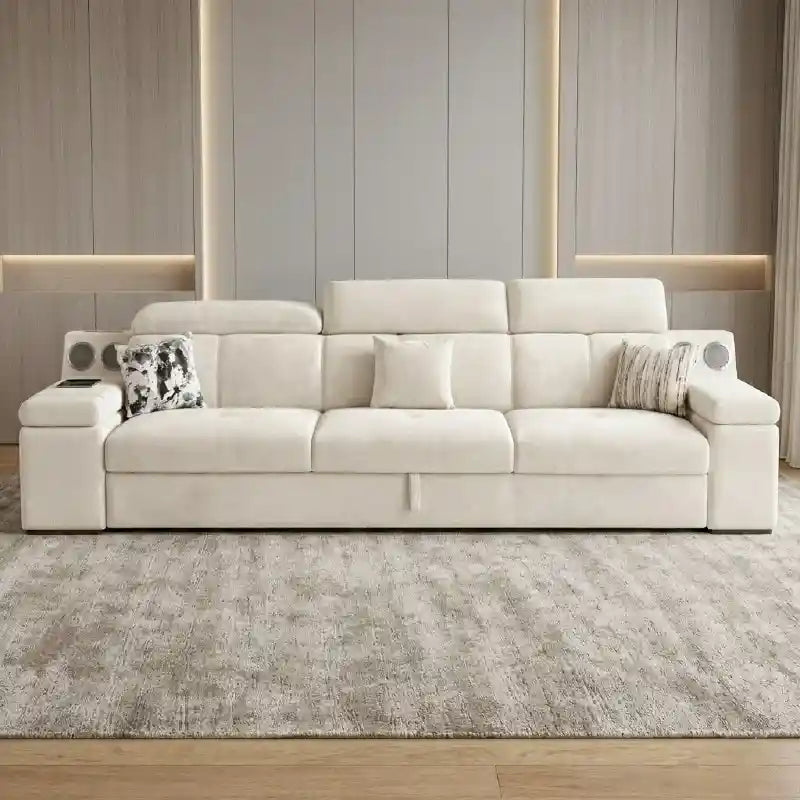 sleeper sofa set showing the built-in storage compartment with side storage console