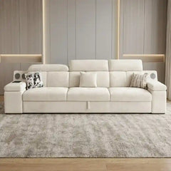 sleeper sofa set showing the built-in storage compartment with side storage console