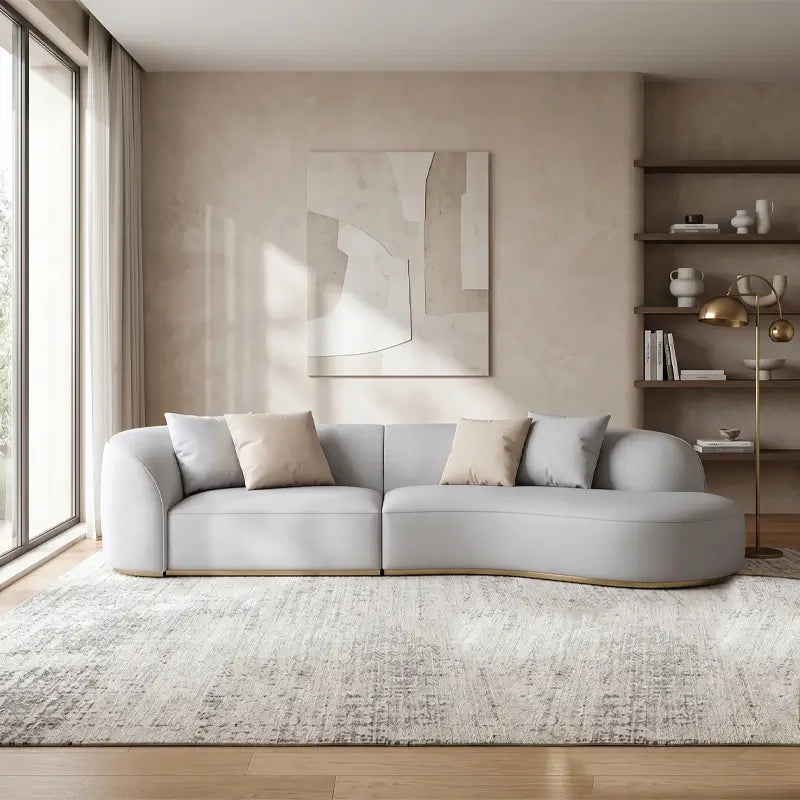 curved sofa set with treated pine frame and concealed stable base, seating close-up