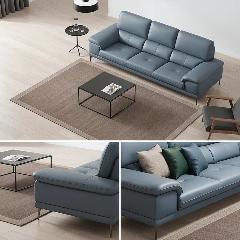 Stitched panels Dalia stylish sofa design, living room sofa set, raised metal legs