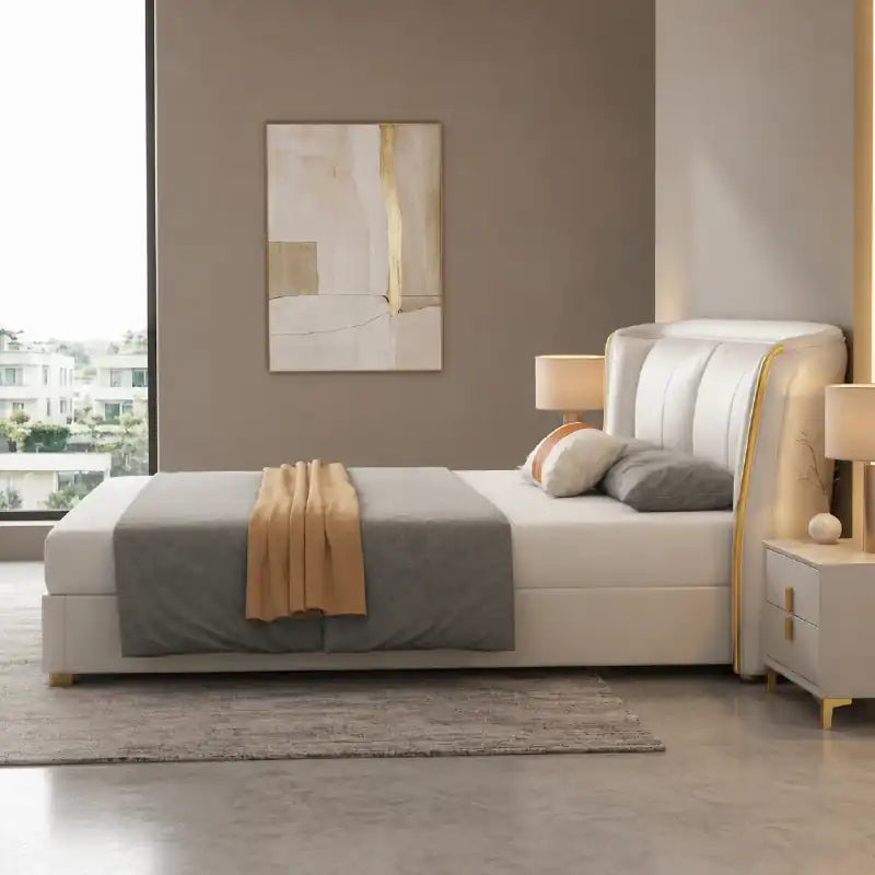 queen size upholstered bed showing the lift-up storage area with wide padded headboard