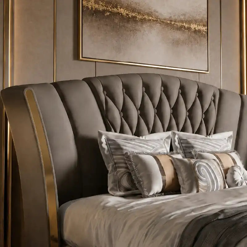 king size luxury bed shown with a balanced mattress layout with button-padded headboard