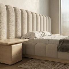 boucle bed showing the lift-up storage area with soft textured fabric alternate front angle