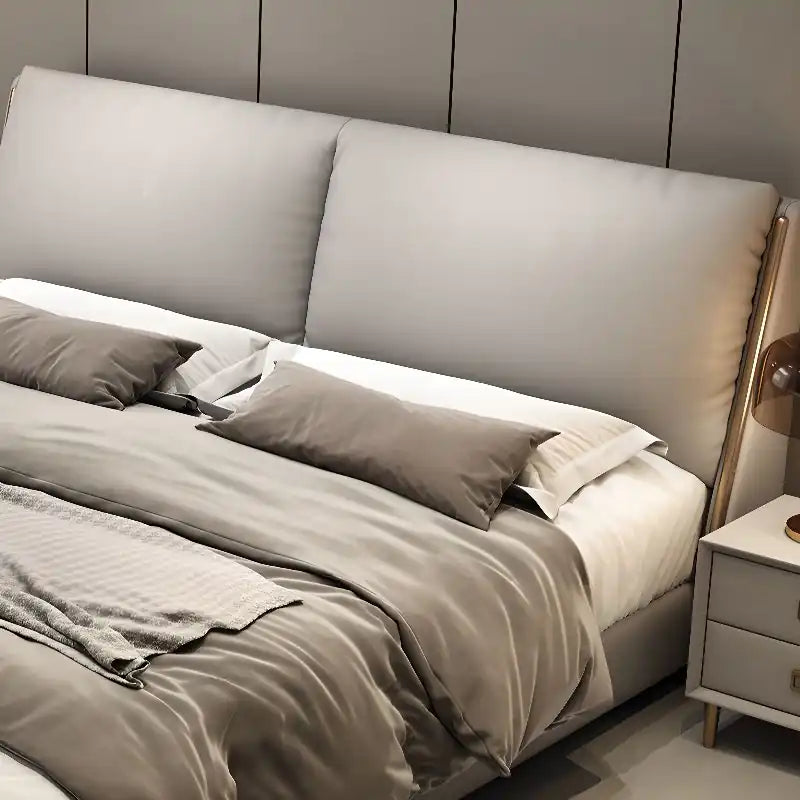 hydraulic bed with storage showing the lift-up storage area with thick padded headboard alternate side angle
