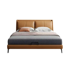 upholstered bed showing the lift-up storage area with wide padded headboard alternate front angle
