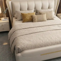 tufted bed showing the lift-up storage area with stitched padded headboard alternate front angle