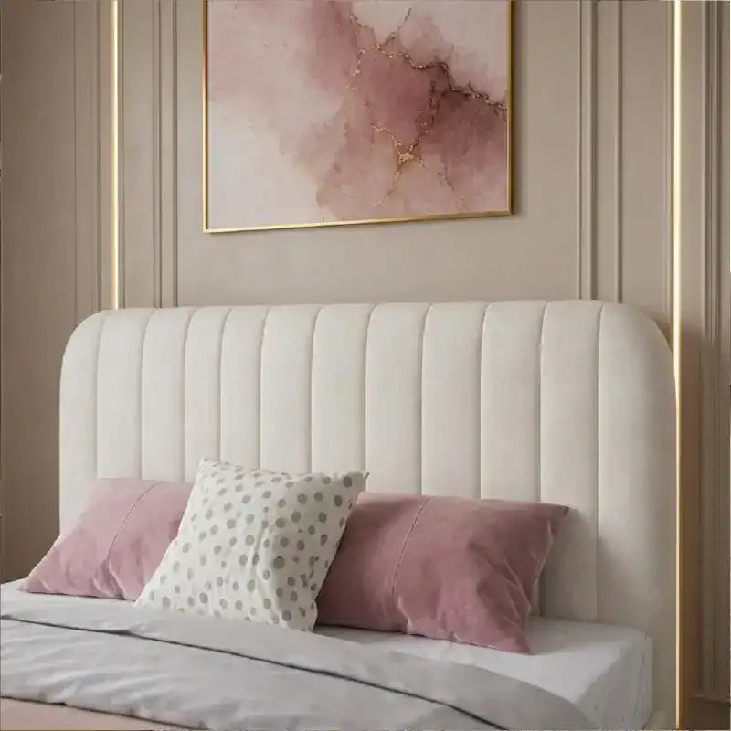 low profile platform bed shown in a compact double-bed layout with rounded padded edges