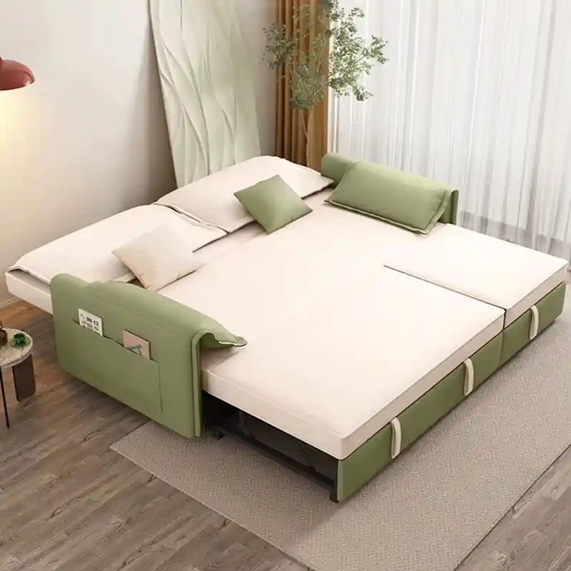 convertible couch bed showing the sofa-to-bed conversion with side pockets