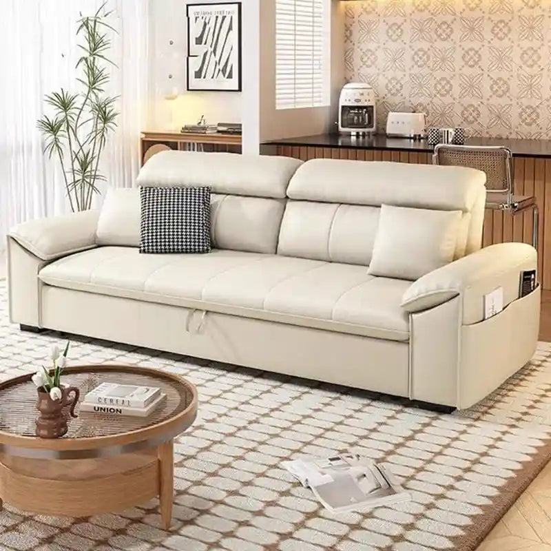 l shape sofa bed with storage shown in the pull-out sleeping position with hidden storage alternate side angle