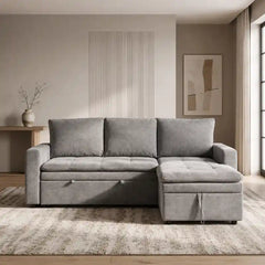 grey sofa bed with storage cushion and armrest detail with storage lounger