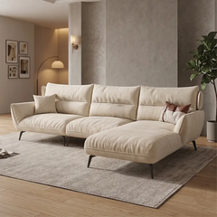 L shape sofa with soft curved arms and slim metal legs, full seating layout