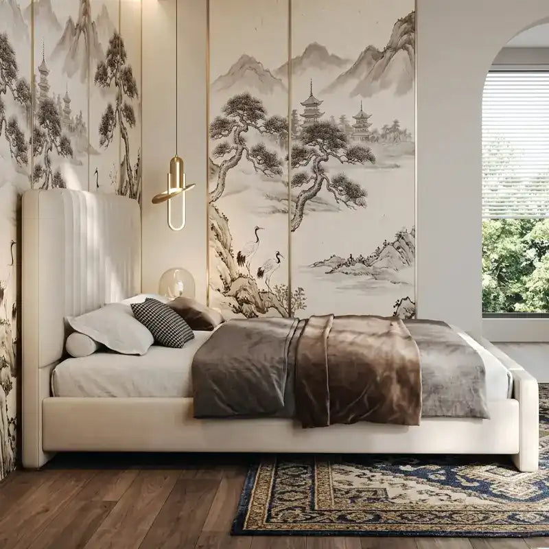 double bed shown with a balanced mattress layout with tall padded headboard alternate front angle