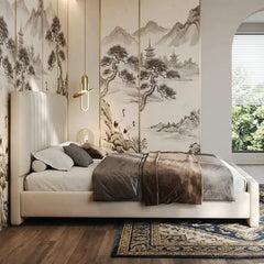double bed shown with a balanced mattress layout with tall padded headboard alternate front angle
