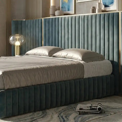 modern bed with headboard shown with a balanced mattress layout with vertical padded panels