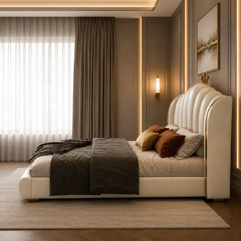 bed with headboard shown with a balanced mattress layout with vertical padded panels