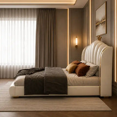 bed with headboard shown with a balanced mattress layout with vertical padded panels