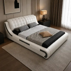 double bed with headboard shown with a balanced mattress layout with deep padded headboard