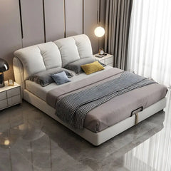king size hydraulic bed showing the lift-up storage area with oversized padded headboard alternate front angle