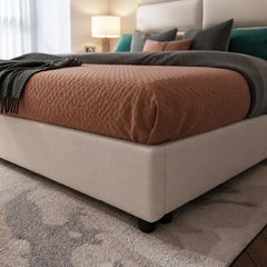 bed frame shown in a compact double-bed layout with geometric padded headboard alternate front angle