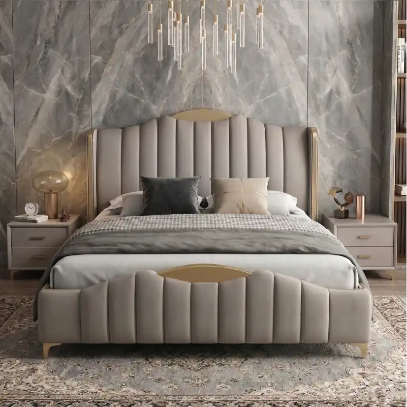 wingback bed shown in a compact double-bed layout with wide side-panel headboard