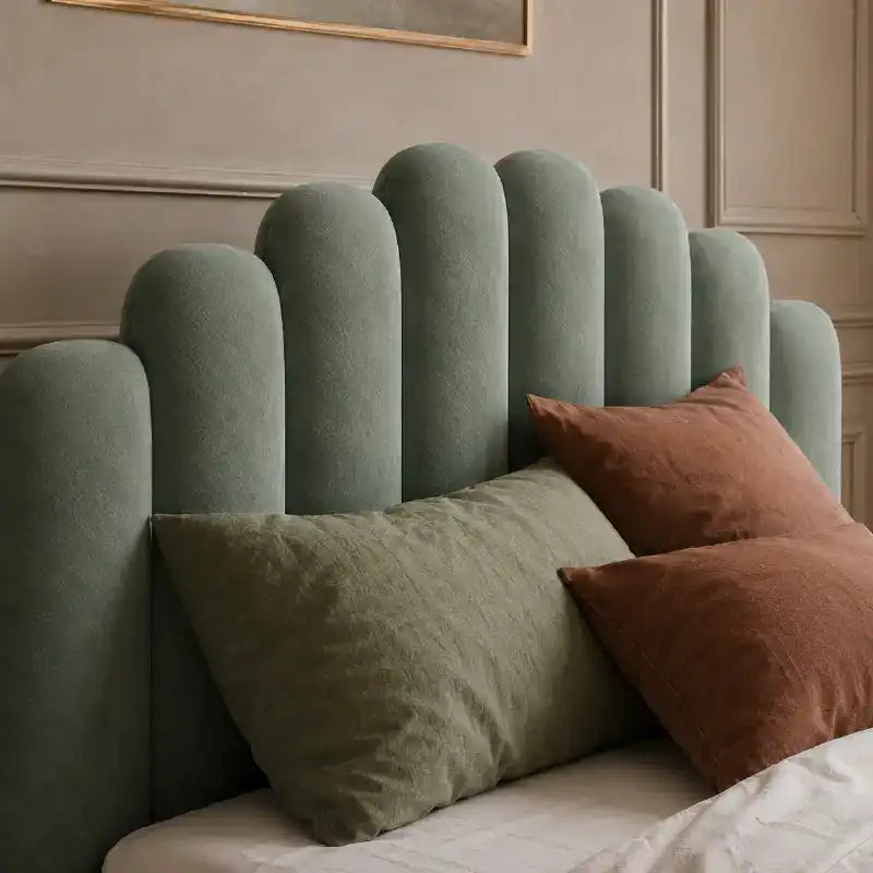 queen size platform bed shown with a balanced mattress layout with rounded arch headboard