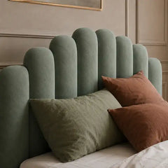 queen size platform bed shown with a balanced mattress layout with rounded arch headboard