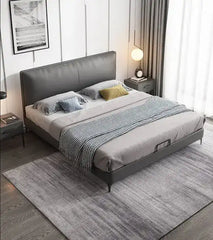 queen size bed frame shown with a balanced mattress layout with padded headboard