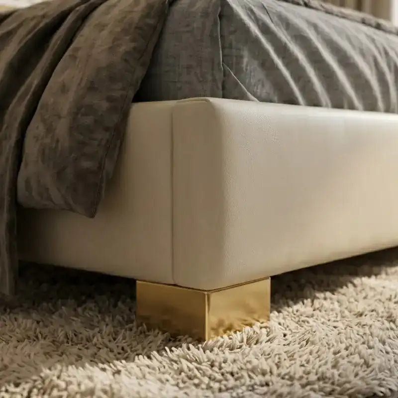 queen size bed shown with a balanced mattress layout with tall padded headboard