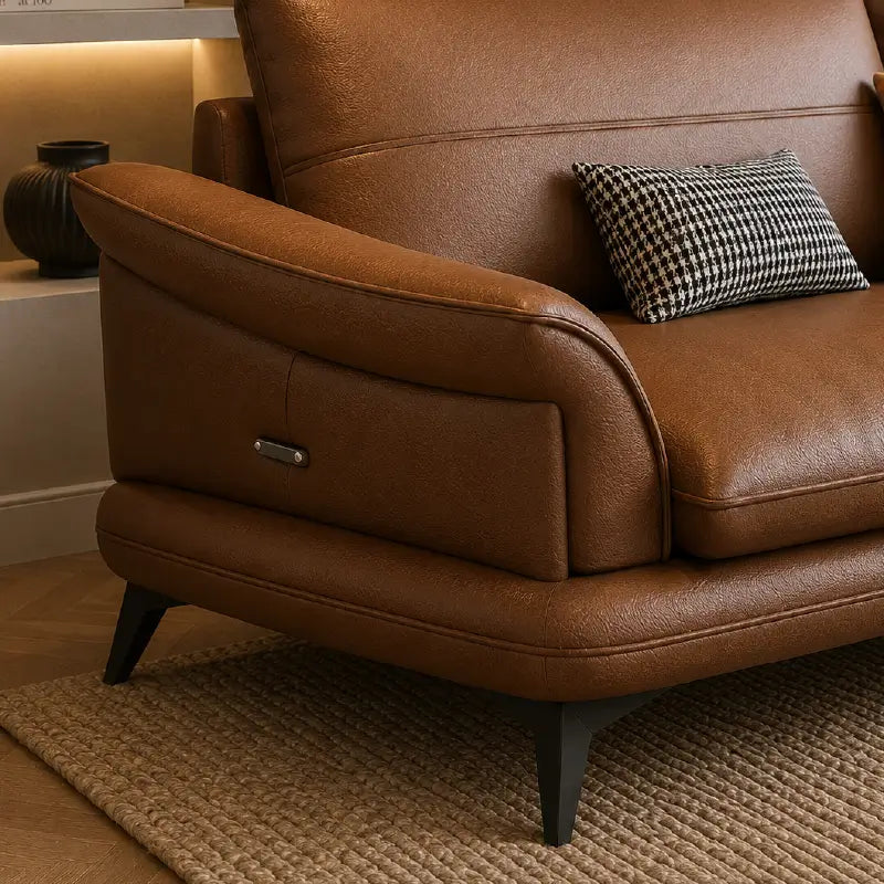 Leatherette sofa set with deep cushions and curved padded arms, full seating layout