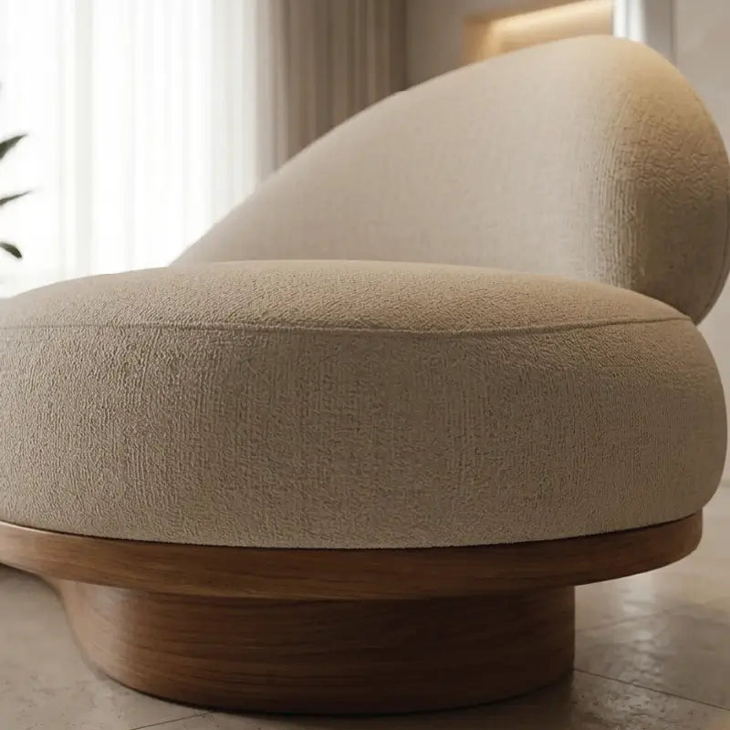 Curved sofa with curved wooden base and asymmetrical backrest, close-up of seat cushions