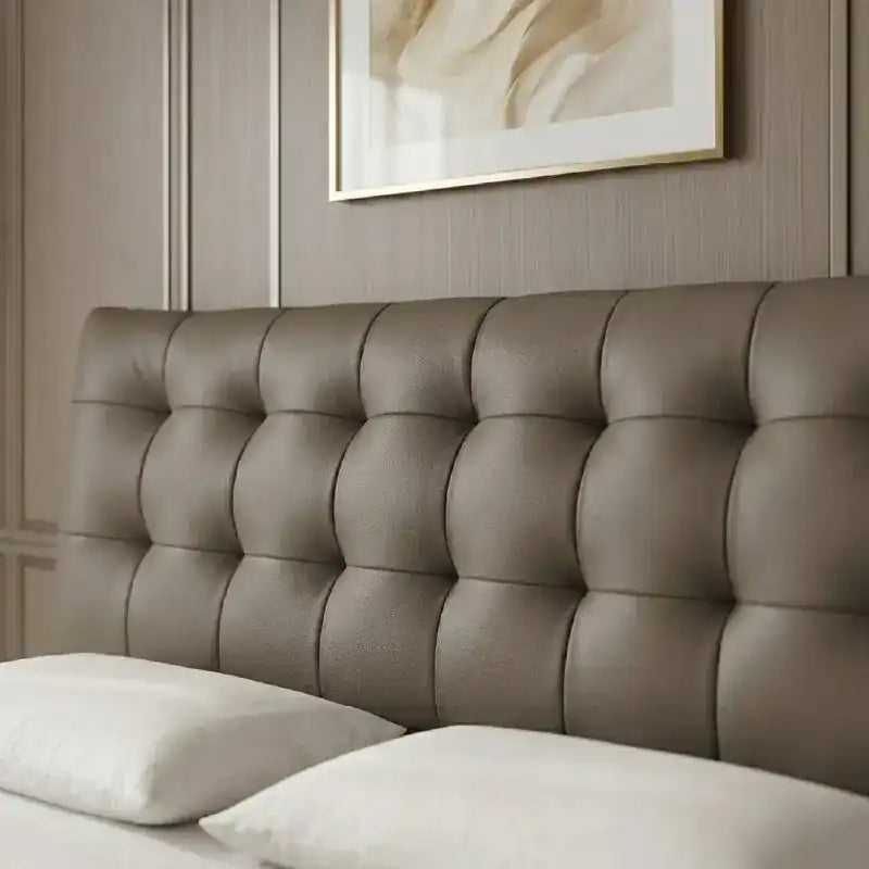 leatherette bed showing the lift-up storage area with button-padded headboard