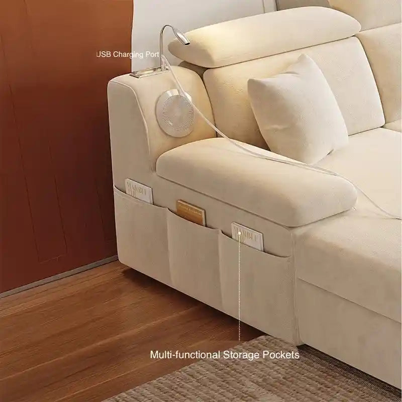 sofa bed storage shown in the pull-out sleeping position with USB charging alternate front angle