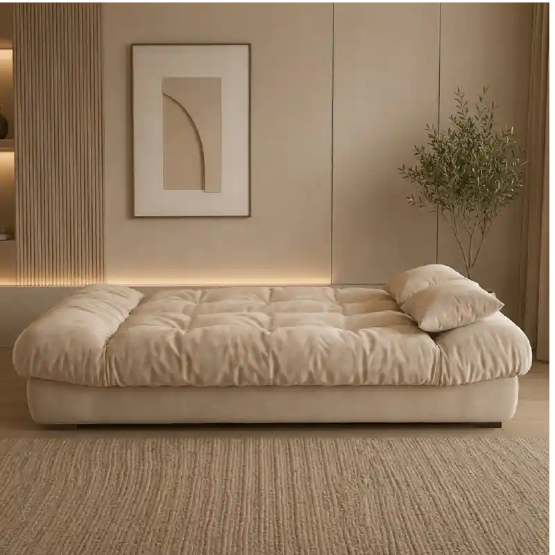 click clack sofa bed opened as a guest sleeping surface with fold-down padded backrest