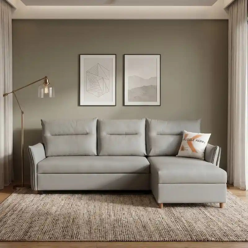 compact sofa bed opened as a guest sleeping surface with high back support
