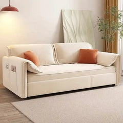 sofa bed convertible shown in the pull-out sleeping position with side pockets