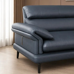 leatherette sofa set with straight seating configuration with plush cushions, armrest close-up