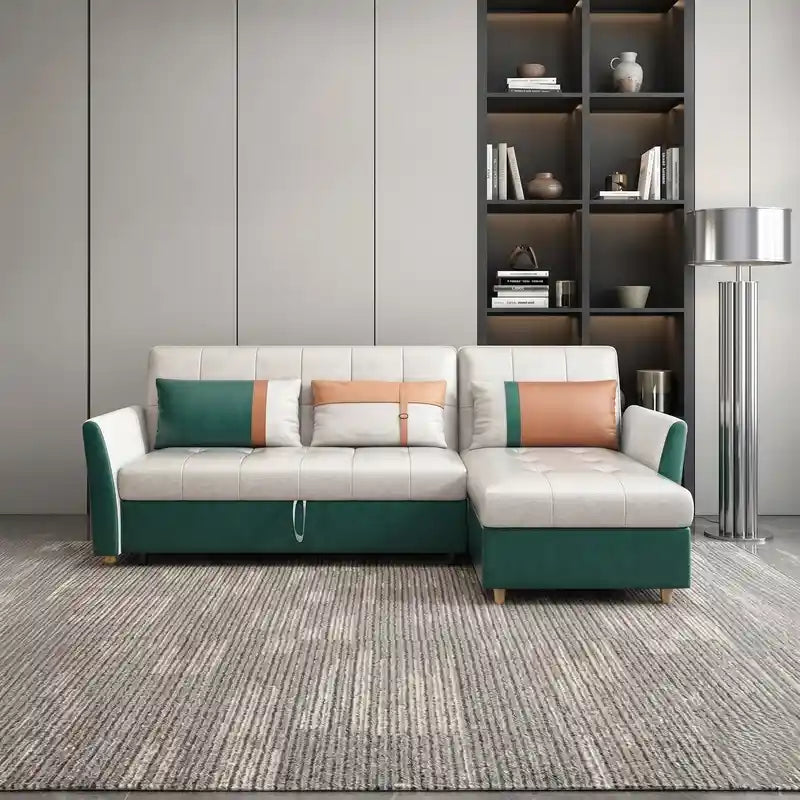 sofa bed with chaise cushion and armrest detail with lift-up storage